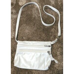 Vtg Small Satin Sheen Cream Real Leather Purse Zipper Pkt Front Crossbody 9x7